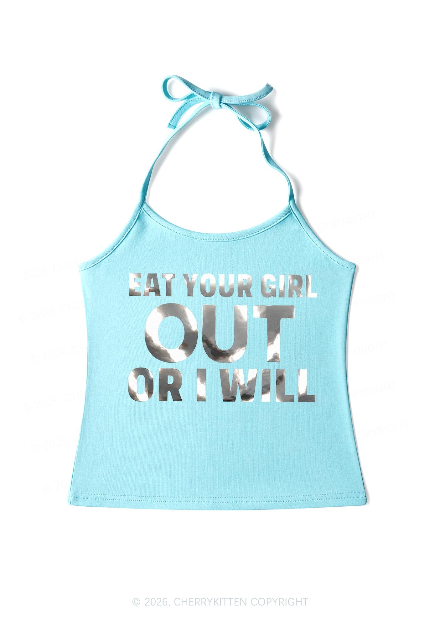 Eat Your Girl Out Silver Foil Printed Y2K Halter Neck Cami Cherrykitten