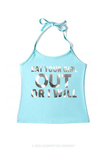 Eat Your Girl Out Silver Foil Printed Y2K Halter Neck Cami Cherrykitten