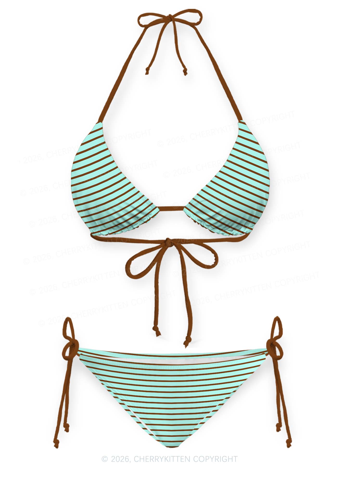 Mint Brown Stripes Y2K Print Bikini Set Cherrykitten