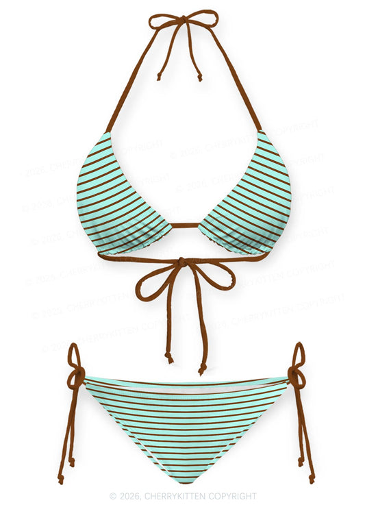 Mint Brown Stripes Y2K Print Bikini Set Cherrykitten
