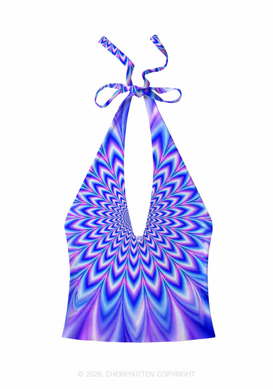Blue Vortex Optical Illusion Y2K Print Halter Deep V Neck Cami Cherrykitten