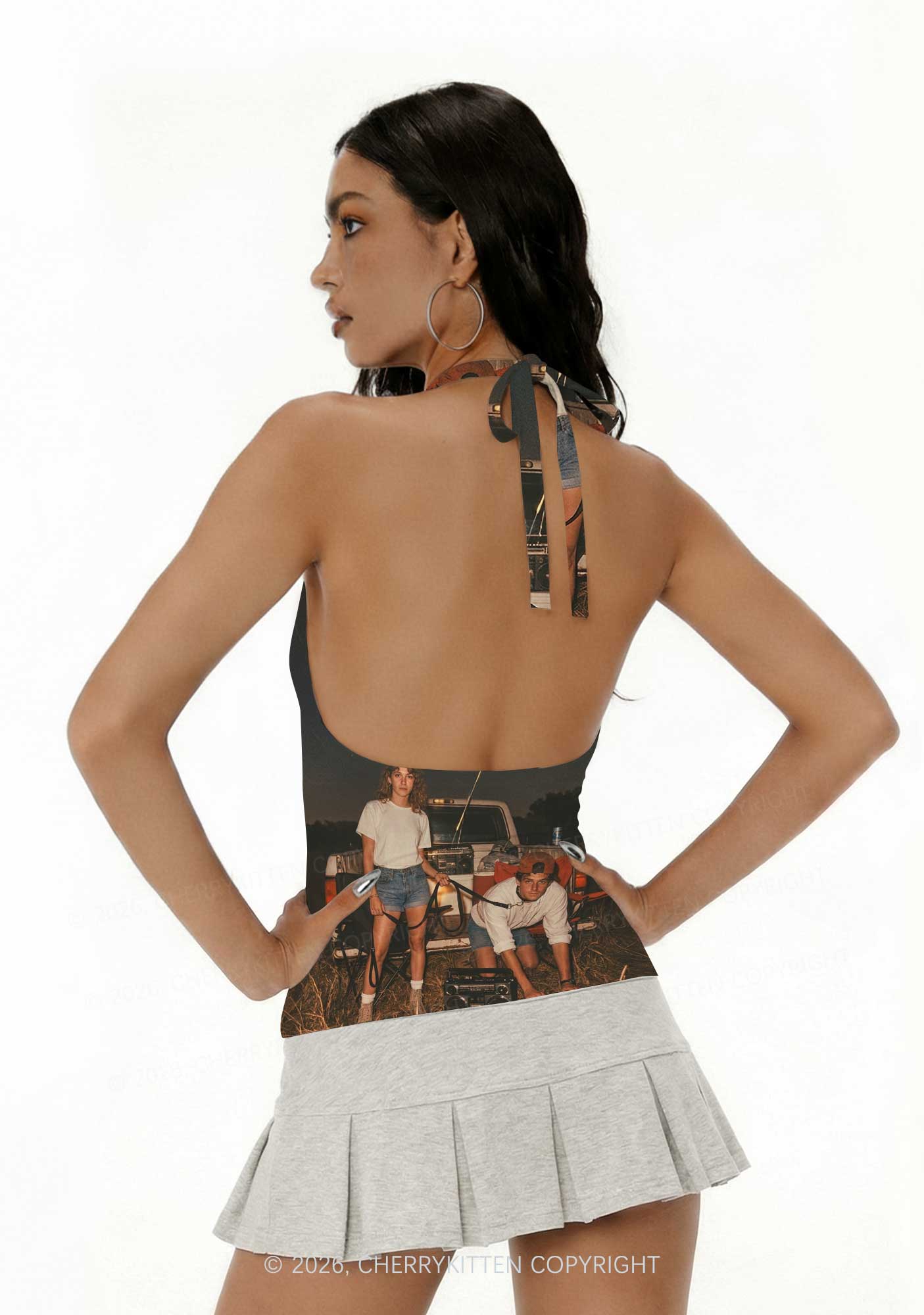 Outdoor Pet Boy Y2K Print Halter Deep V Neck Cami Cherrykitten