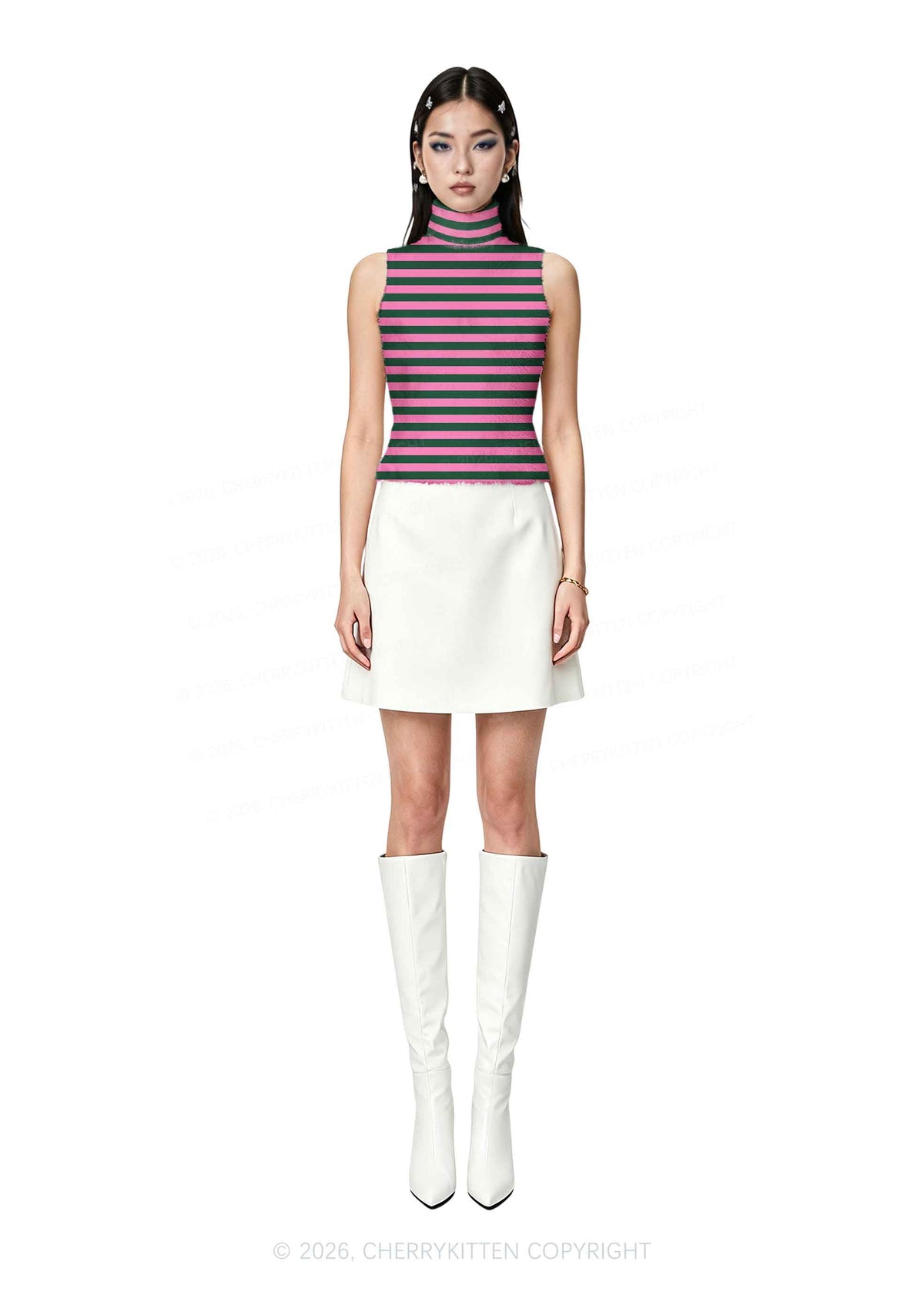 Pink Green Stripes Y2K Knit Turtleneck Tank Top Cherrykitten