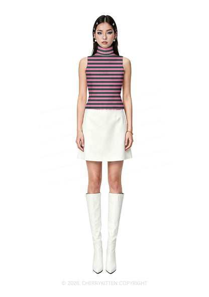 Pink Green Stripes Y2K Knit Turtleneck Tank Top Cherrykitten