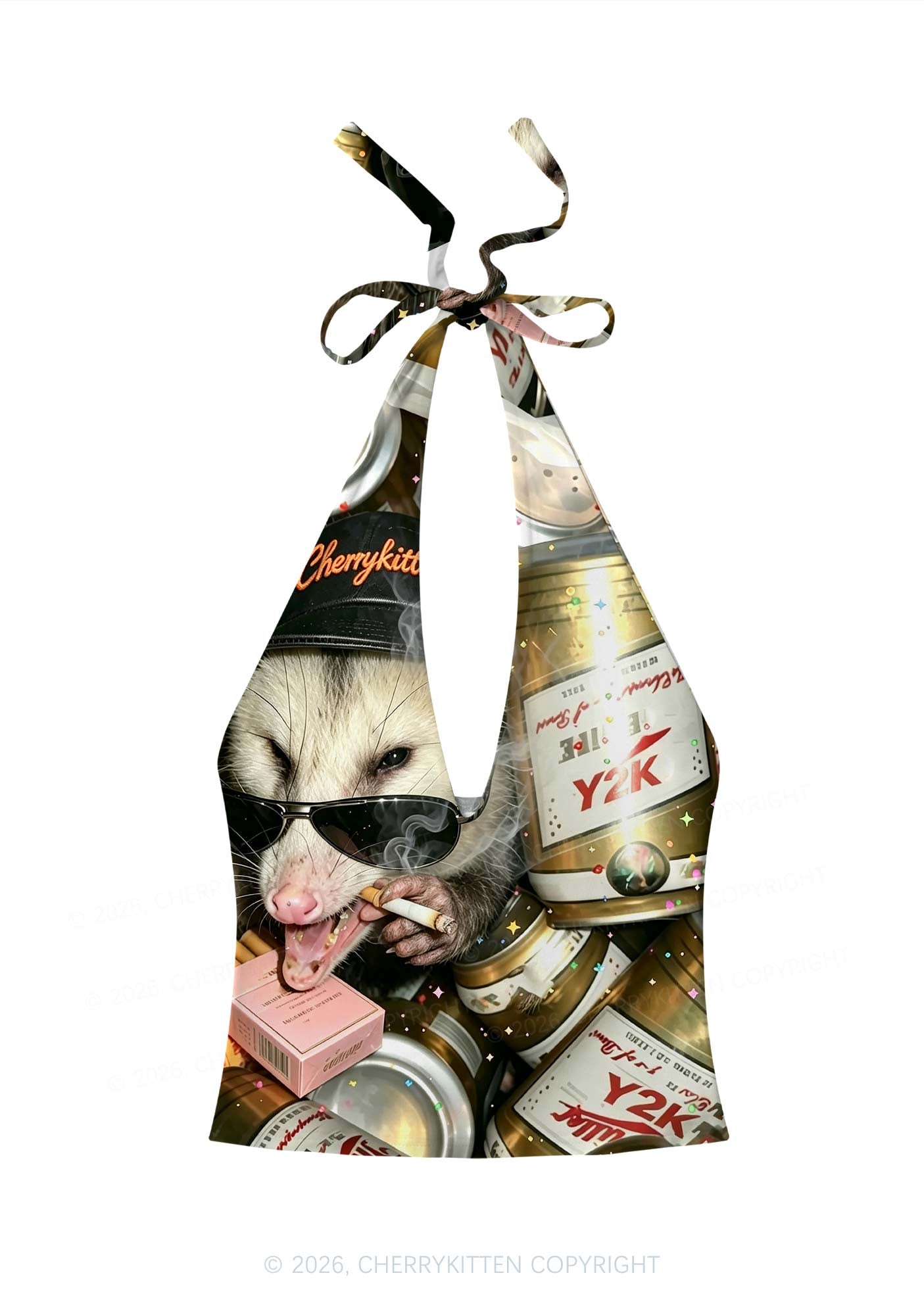 Smoking Opossum Y2K Print Halter Deep V Neck Cami Cherrykitten