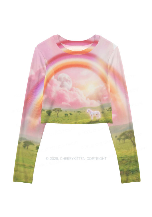 Lesbian Rainbow Pony Pride Y2K Mesh Long Sleeve Crop Top Cherrykitten