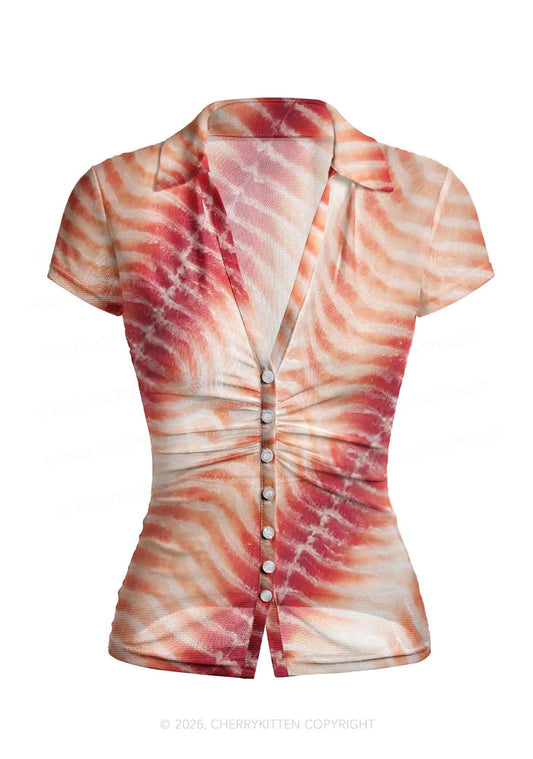 Pork Belly Texture Y2K Mesh Ruched Waist V Neck Top Cherrykitten