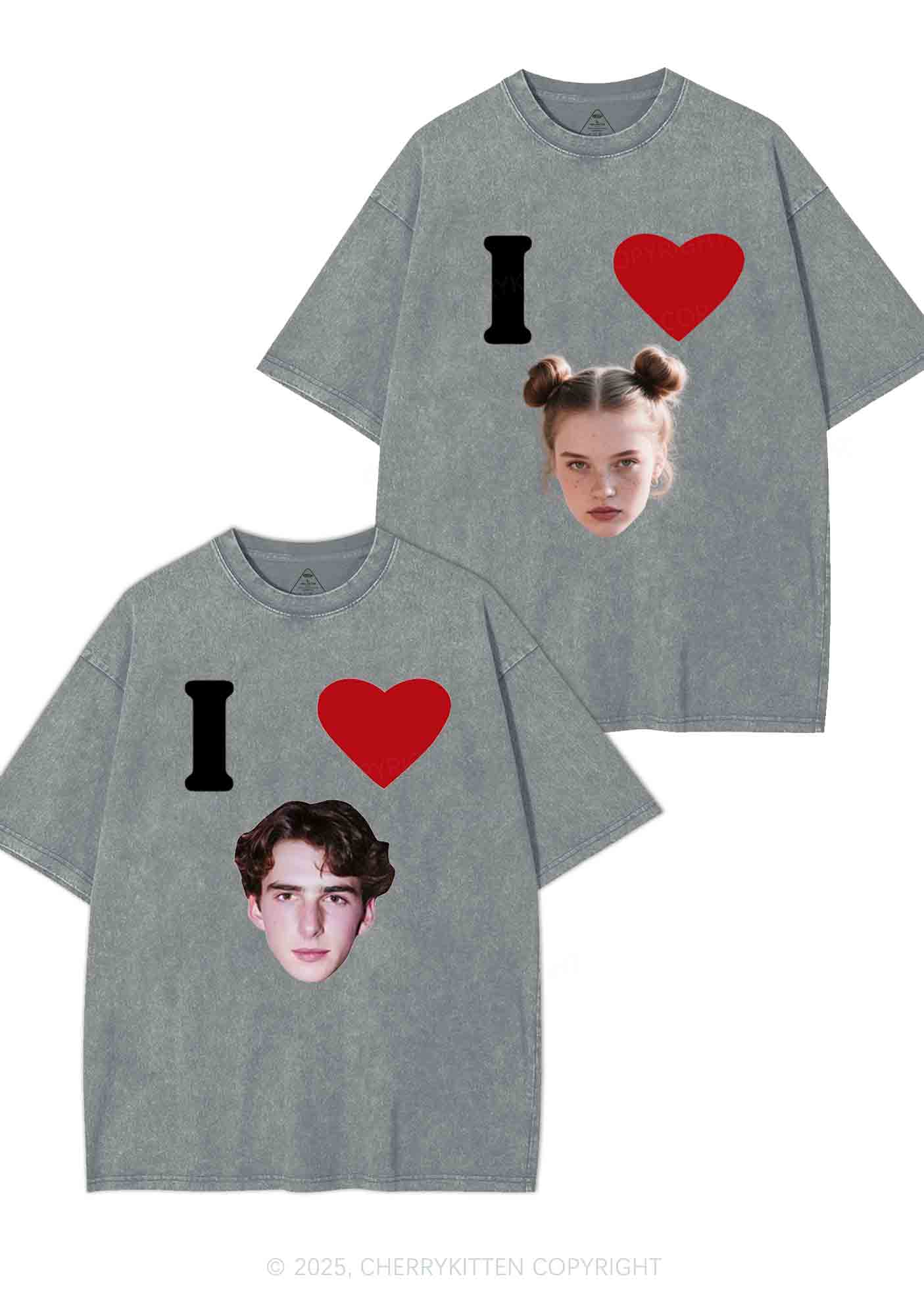 I Love Custom Portrait Y2K Valentine's Day Washed Tee Cherrykitten