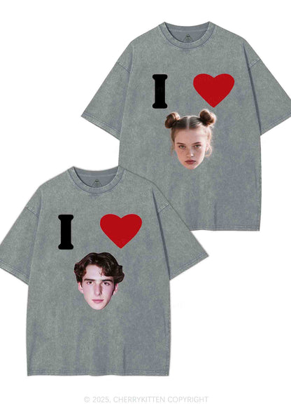 I Love Custom Portrait Y2K Valentine's Day Washed Tee Cherrykitten