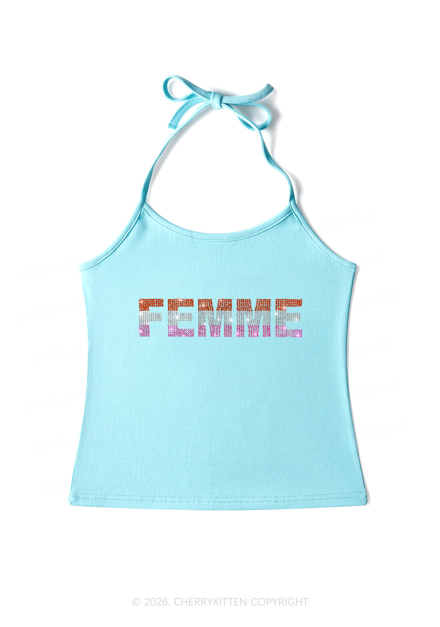 Rhinestone Femme Pride Y2K Halter Neck Cami Cherrykitten