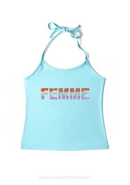 Rhinestone Femme Pride Y2K Halter Neck Cami Cherrykitten