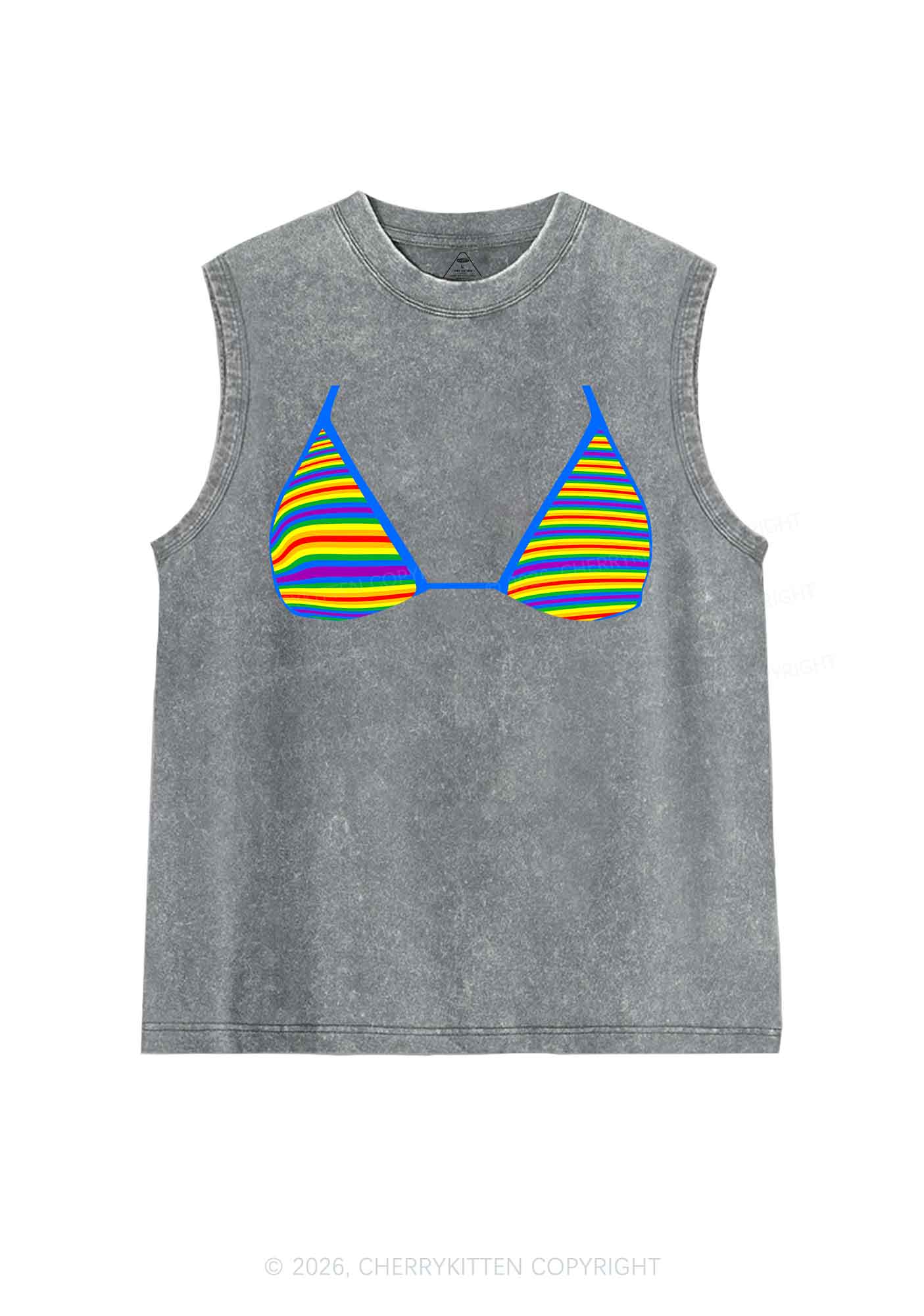 Rainbow Stripe Bra Pride Y2K Washed Muscle Tank Cherrykitten