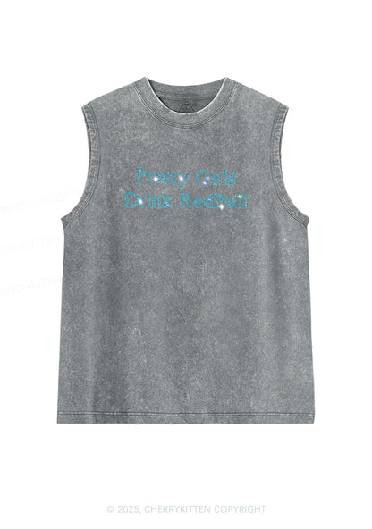Rhinestone Pretty Girls Drink Redbull Y2K Washed Muscle Tank Cherrykitten