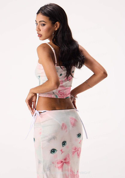Rose Kitties Y2K Print Midi Skirt Cherrykitten