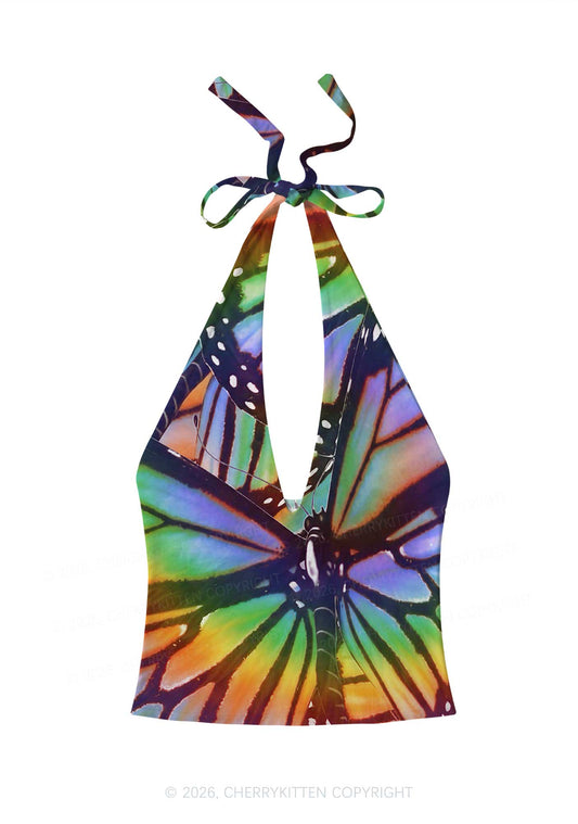 Rainbow Butterfly Y2K Print Halter Deep V Neck Cami Cherrykitten