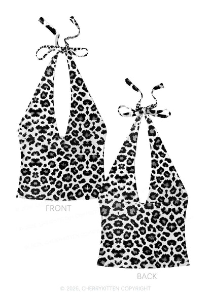Black White Leopard Y2K Print Halter Deep V Neck Cami Cherrykitten