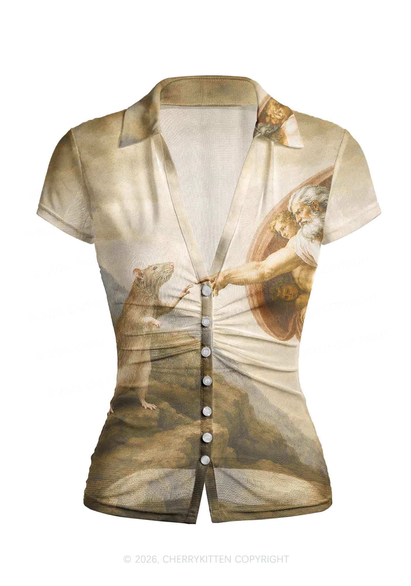 God Hand Touching Rat Y2K Mesh Ruched  Waist  V Neck Top Cherrykitten