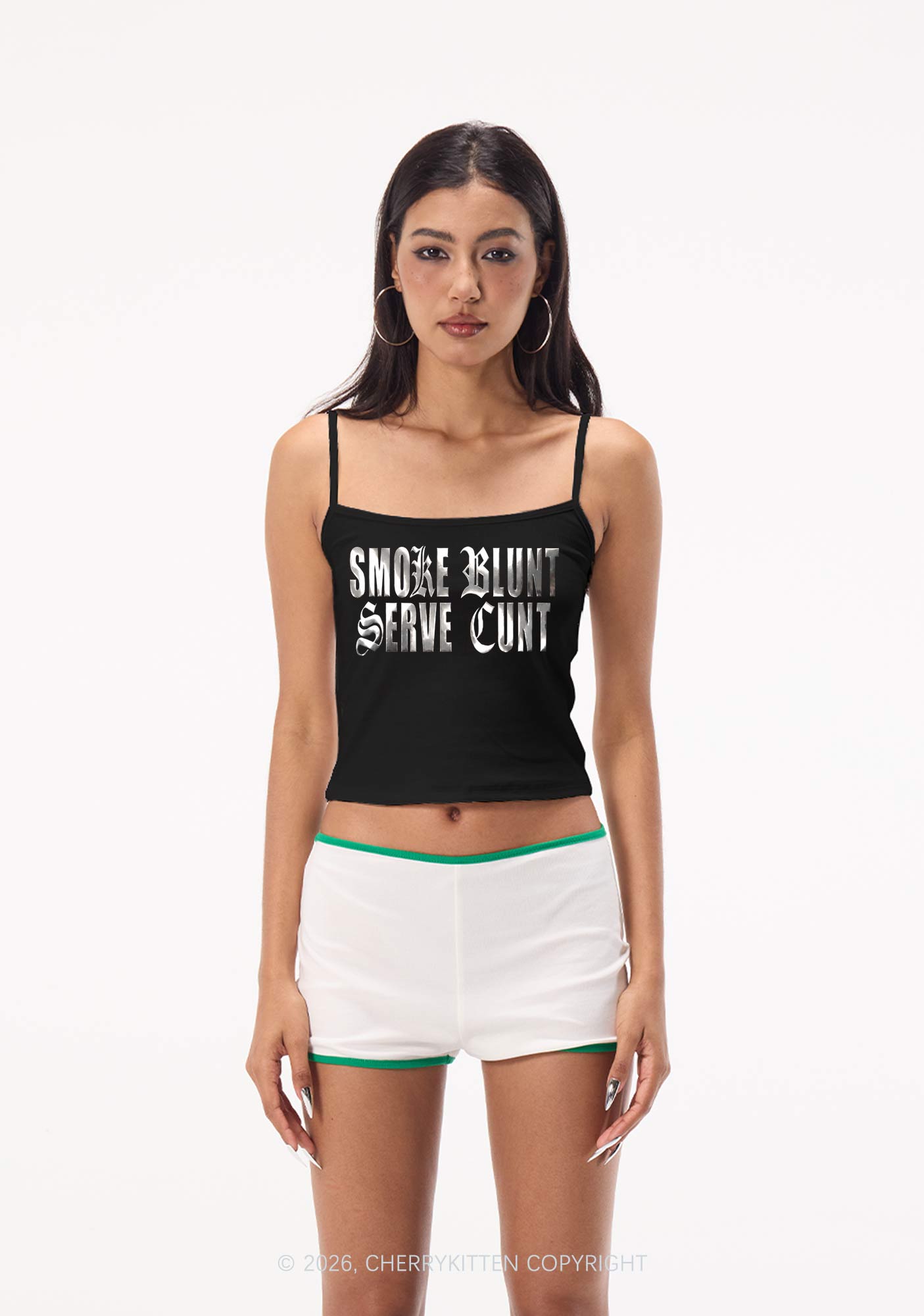 Smoke Blunt Silver Foil Printed Y2K Spaghetti Strap Cami Cherrykitten