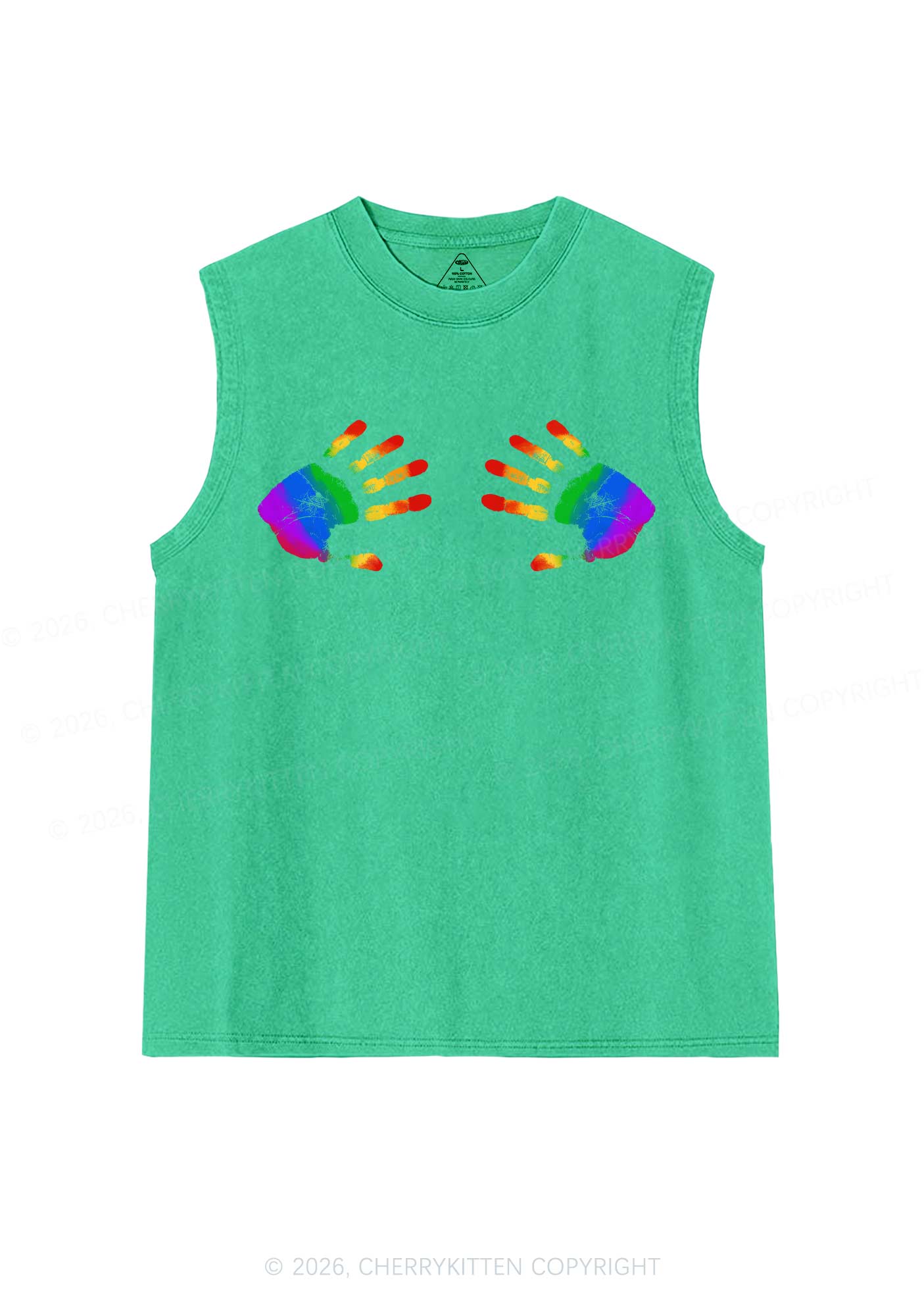 Rainbow Handprint Pride Y2K Washed Muscle Tank Cherrykitten