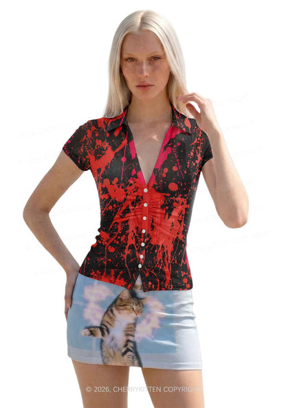 Halloween Red Blood On Black Y2K Mesh Ruched  Waist  V Neck Top Cherrykitten