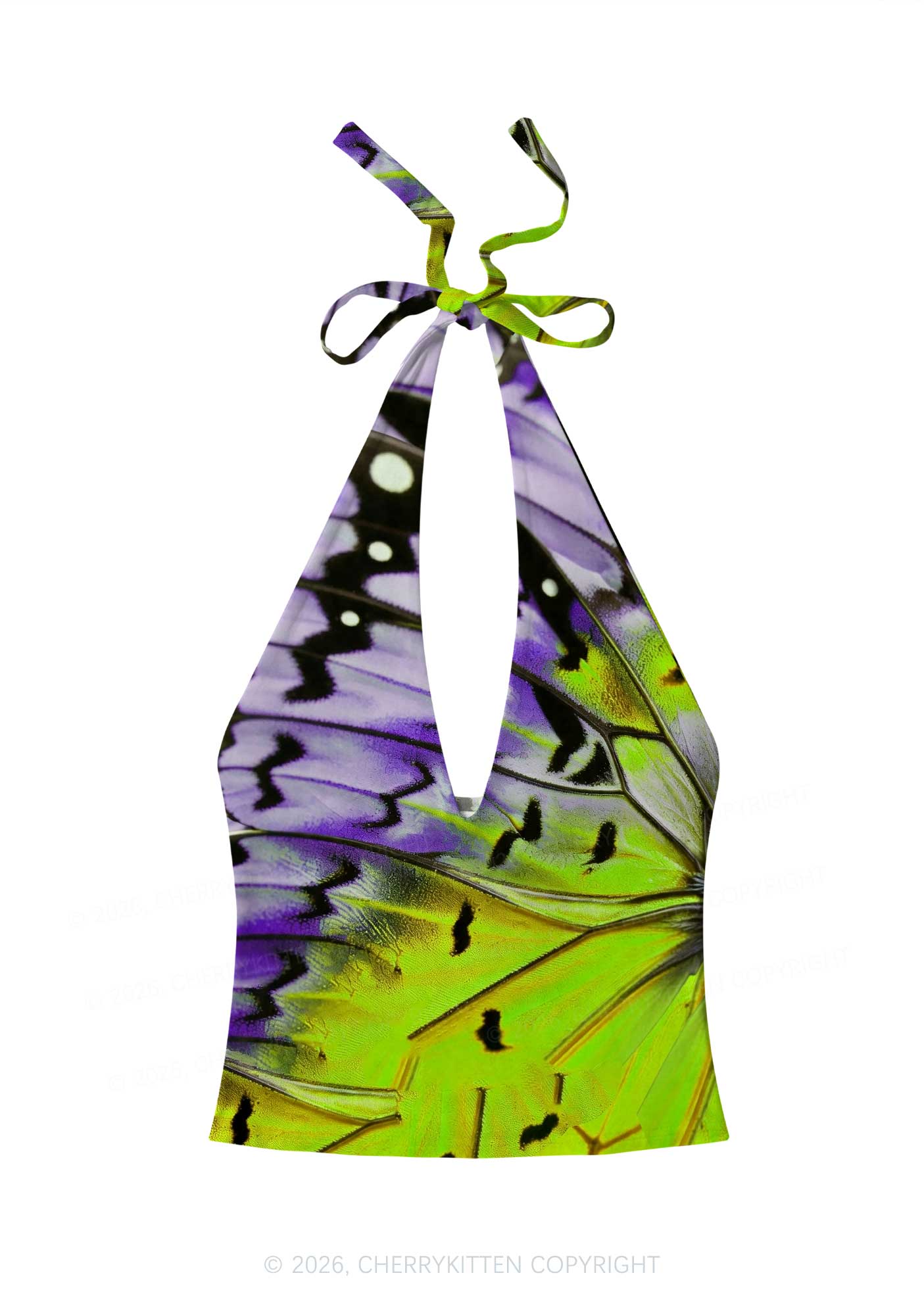 Purple Lime Butterfly Wing Y2K Print Halter Deep V Neck Cami Cherrykitten