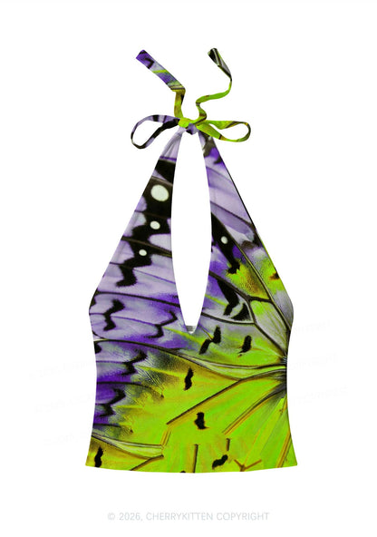 Purple Lime Butterfly Wing Y2K Print Halter Deep V Neck Cami Cherrykitten