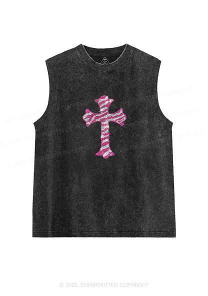 Rhinestone Pink Cross Y2K Washed Muscle Tank Cherrykitten