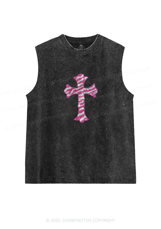 Rhinestone Pink Cross Y2K Washed Muscle Tank Cherrykitten