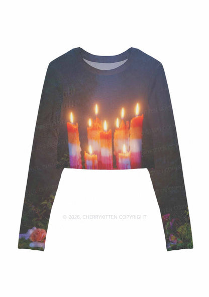 Lesbian Melting Candles Pride Y2K Mesh Long Sleeve Crop Top Cherrykitten