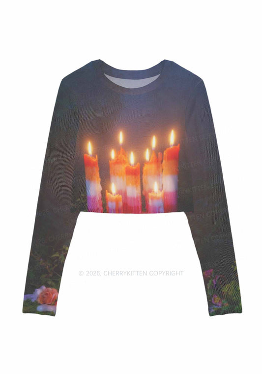 Lesbian Melting Candles Pride Y2K Mesh Long Sleeve Crop Top Cherrykitten