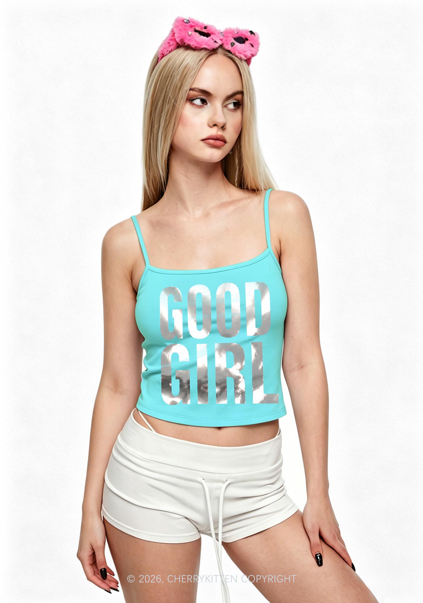 Good Girl Silver Foil Printed Y2K Spaghetti Strap Cami Cherrykitten