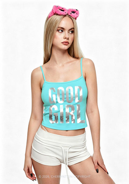 Good Girl Silver Foil Printed Y2K Spaghetti Strap Cami Cherrykitten