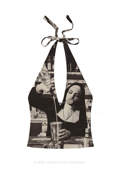 Nun Bartender Y2K Print Halter Deep V Neck Cami Cherrykitten
