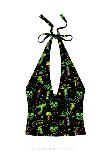 Neon Skull Mushroom Y2K Print Halter Deep V Neck Cami Cherrykitten