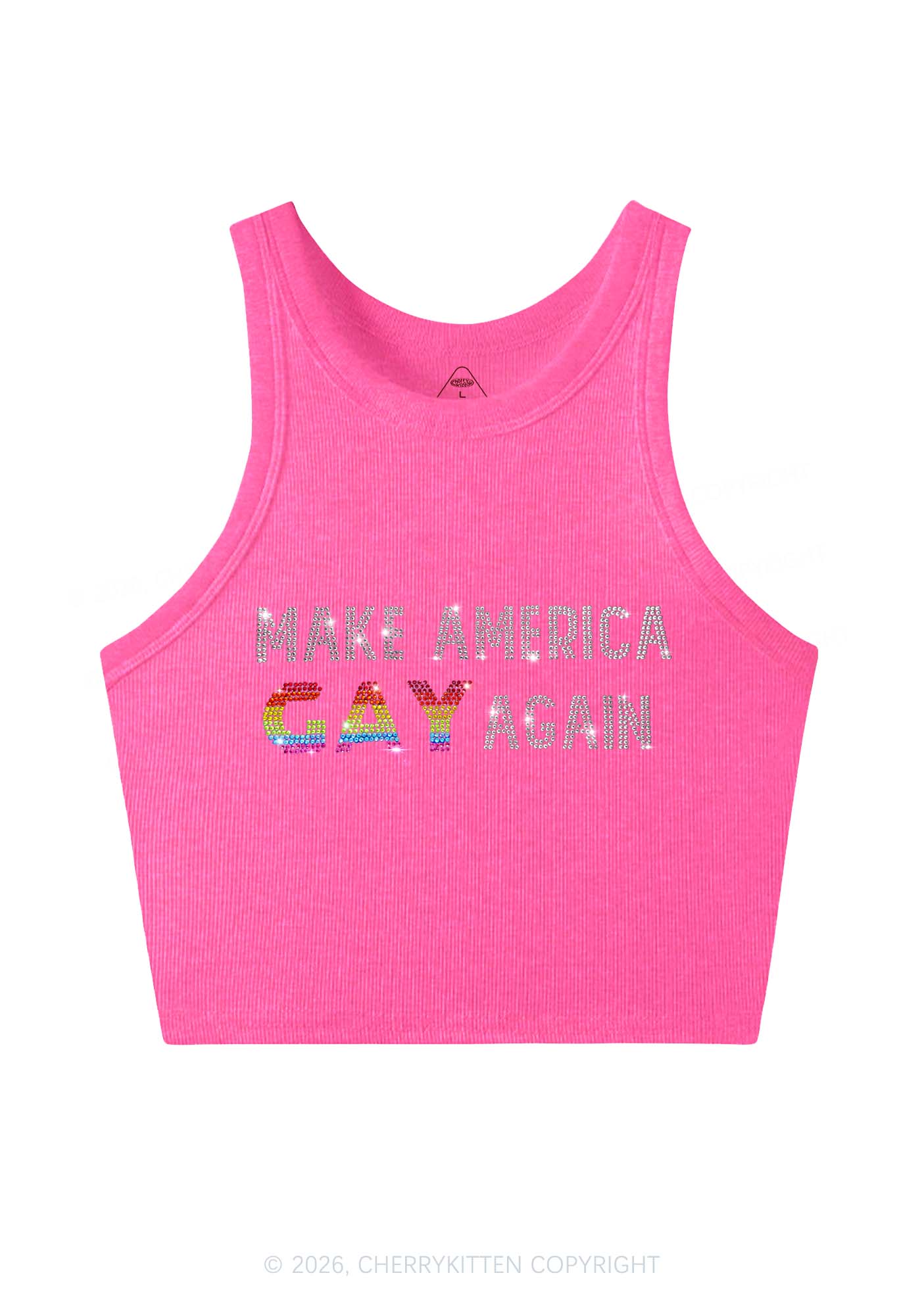 Rhinestone Make America Gay Again Pride Y2K Crop Tank Top Cherrykitten