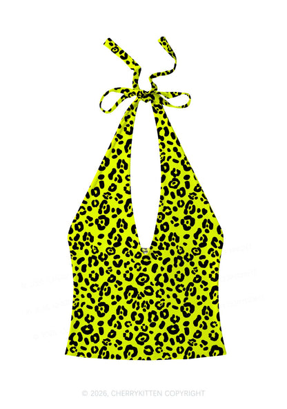 Neon Leopard Y2K Print Halter Deep V Neck Cami Cherrykitten