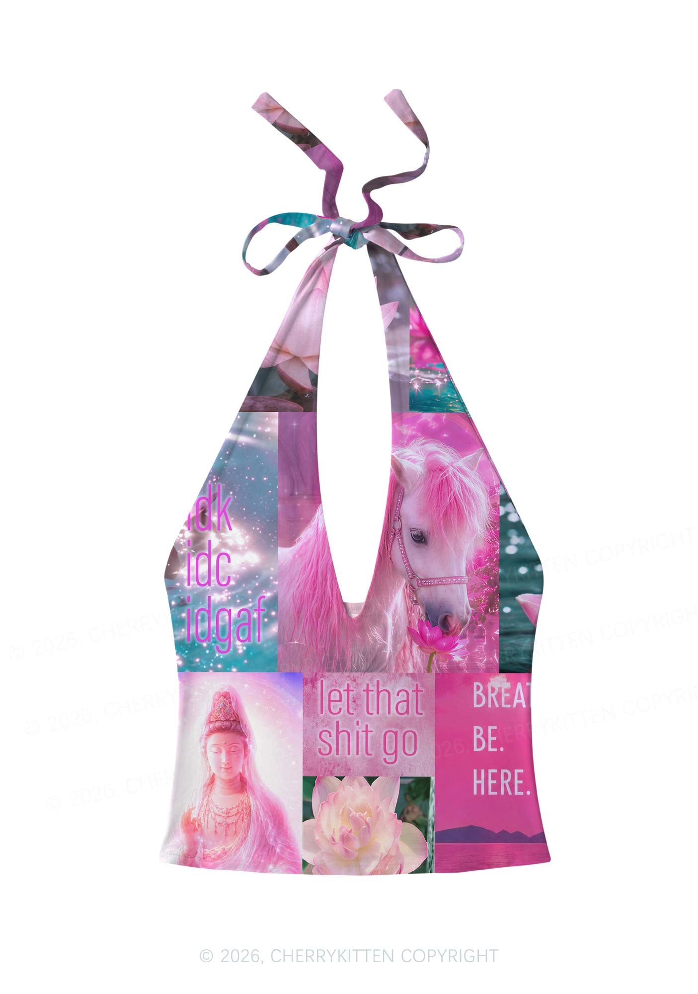 Pink Unicorn Collage Art Y2K Print Halter Deep V Neck Cami Cherrykitten