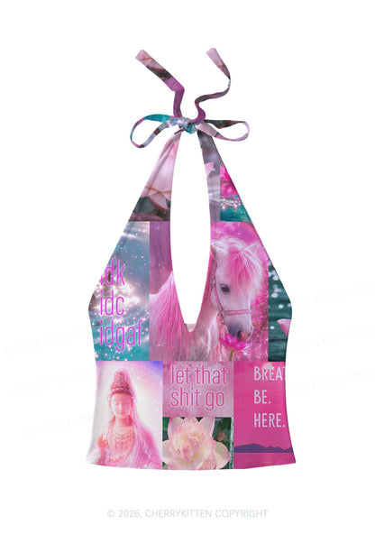 Pink Unicorn Collage Art Y2K Print Halter Deep V Neck Cami Cherrykitten