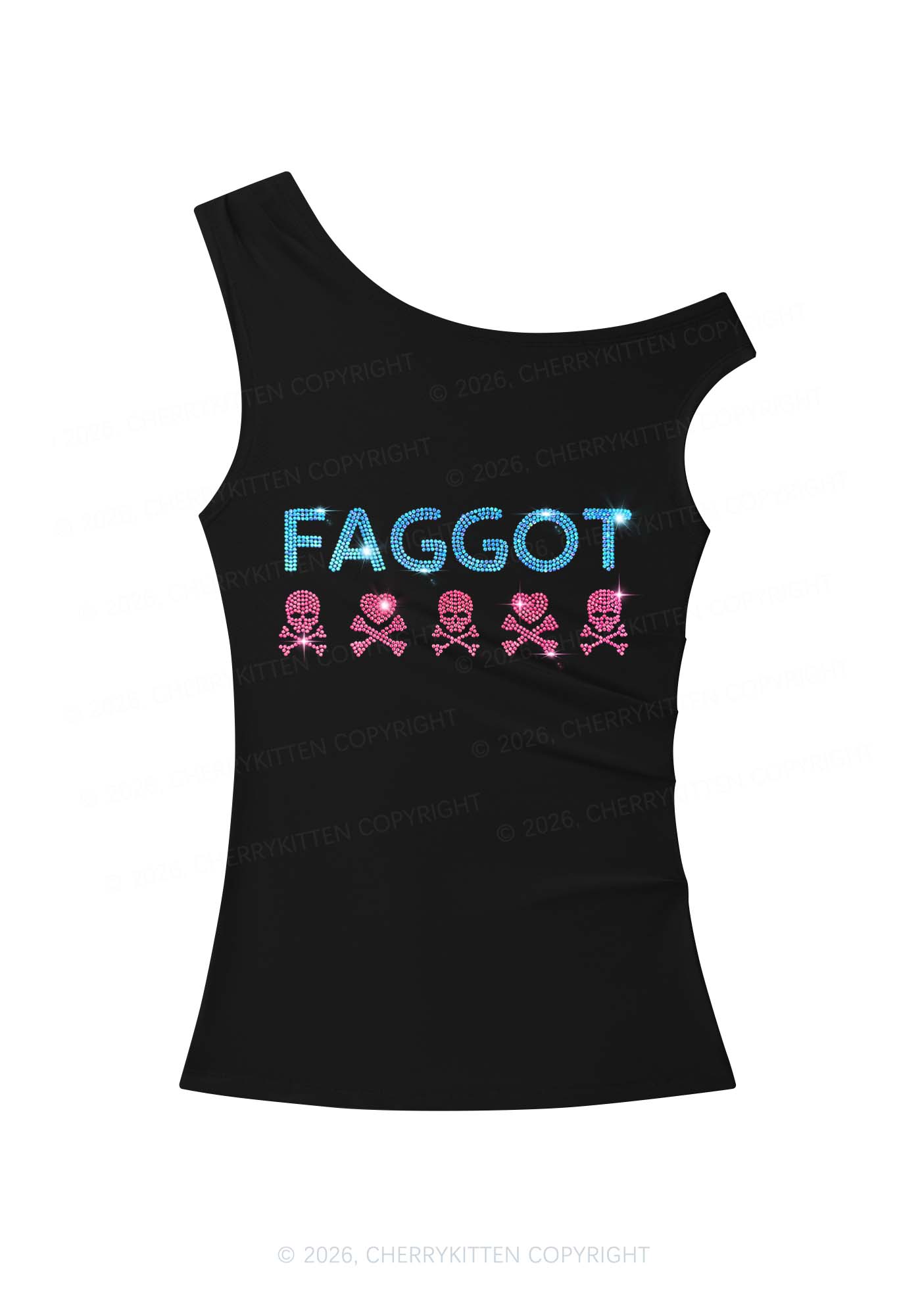 Rhinestone Faggot Skull Pride Y2K Off Shoulder Tank Top Cherrykitten