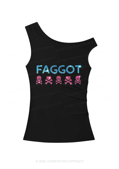 Rhinestone Faggot Skull Pride Y2K Off Shoulder Tank Top Cherrykitten