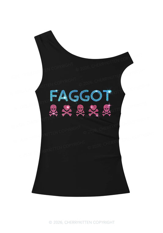 Rhinestone Faggot Skull Pride Y2K Off Shoulder Tank Top Cherrykitten