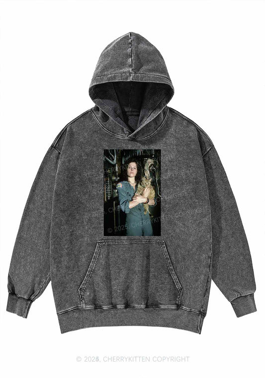 Halloween Space Lady Cat Y2K Washed Hoodie Cherrykitten