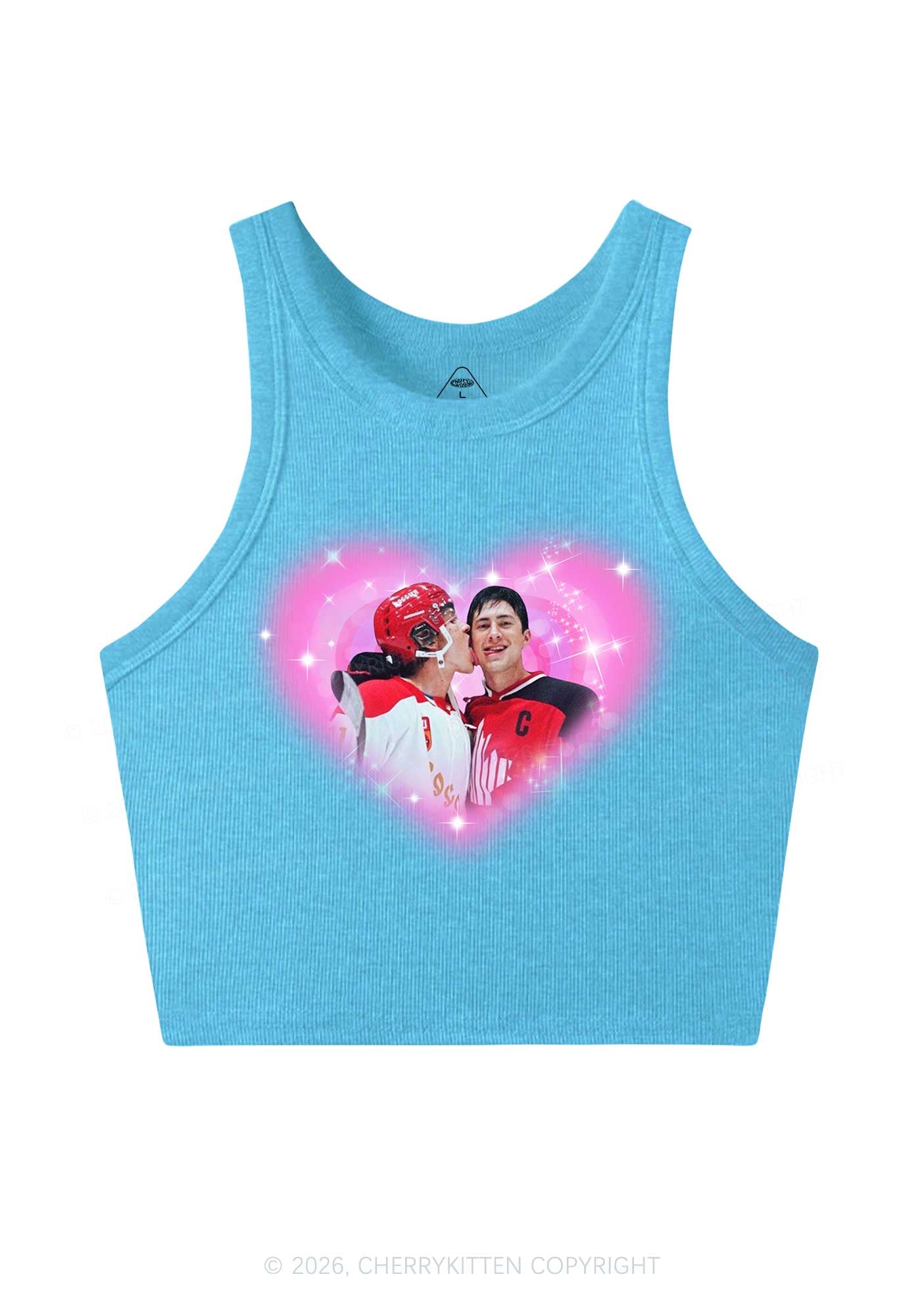 Sparkle Pink Heart Kissing Y2K Crop Tank Top Cherrykitten