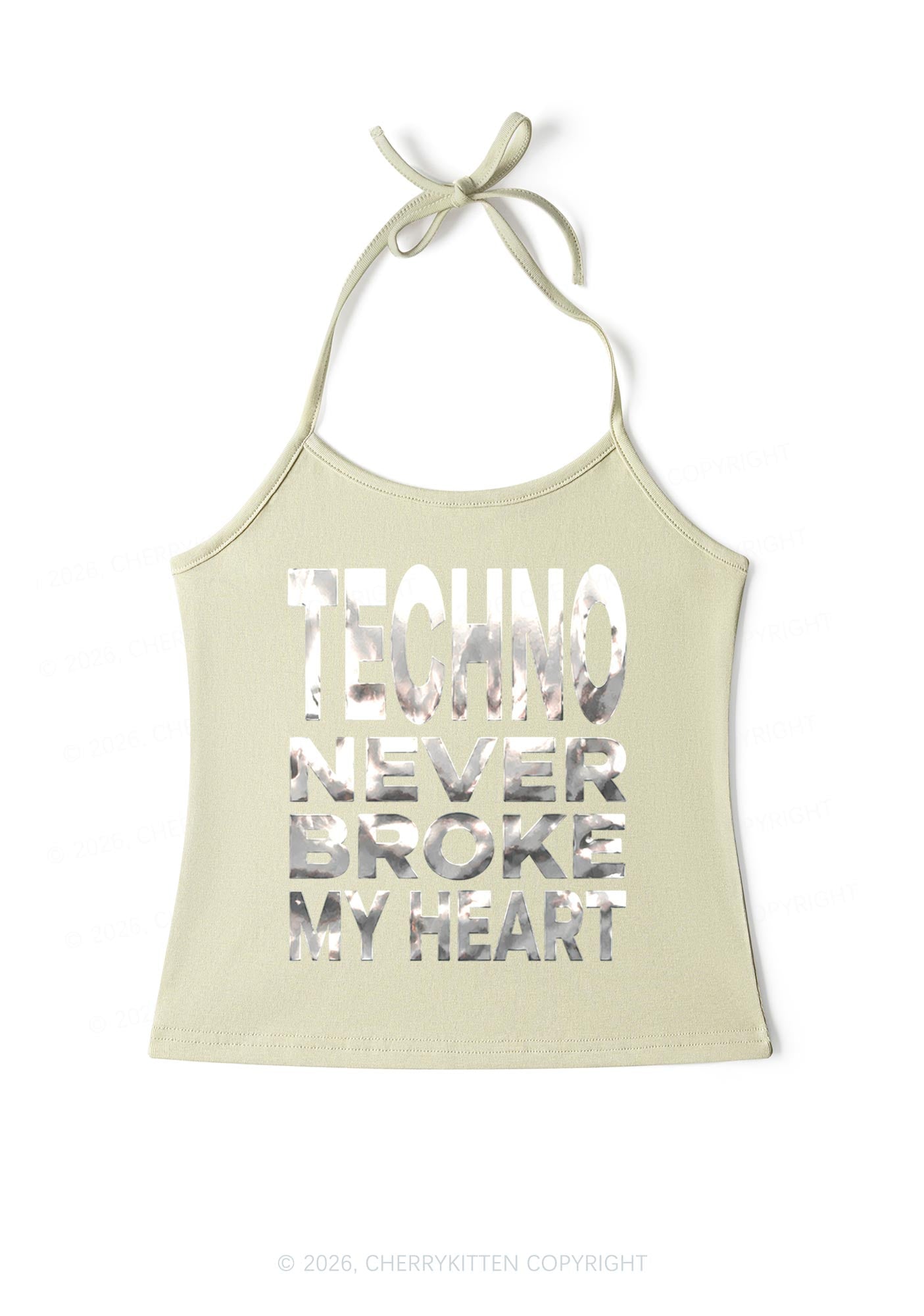 Techno Broke Heart Silver Foil Printed Y2K Halter Neck Cami Cherrykitten