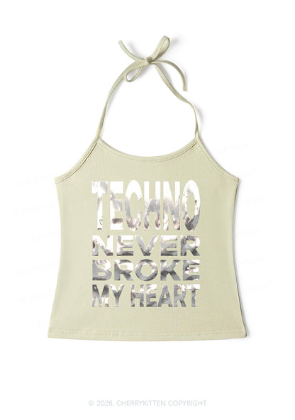 Techno Broke Heart Silver Foil Printed Y2K Halter Neck Cami Cherrykitten