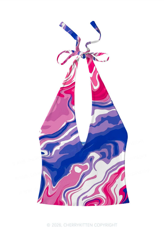 Bisexual Liquid Tie Dye Pride Y2K Print Halter Deep V Neck Cami Cherrykitten