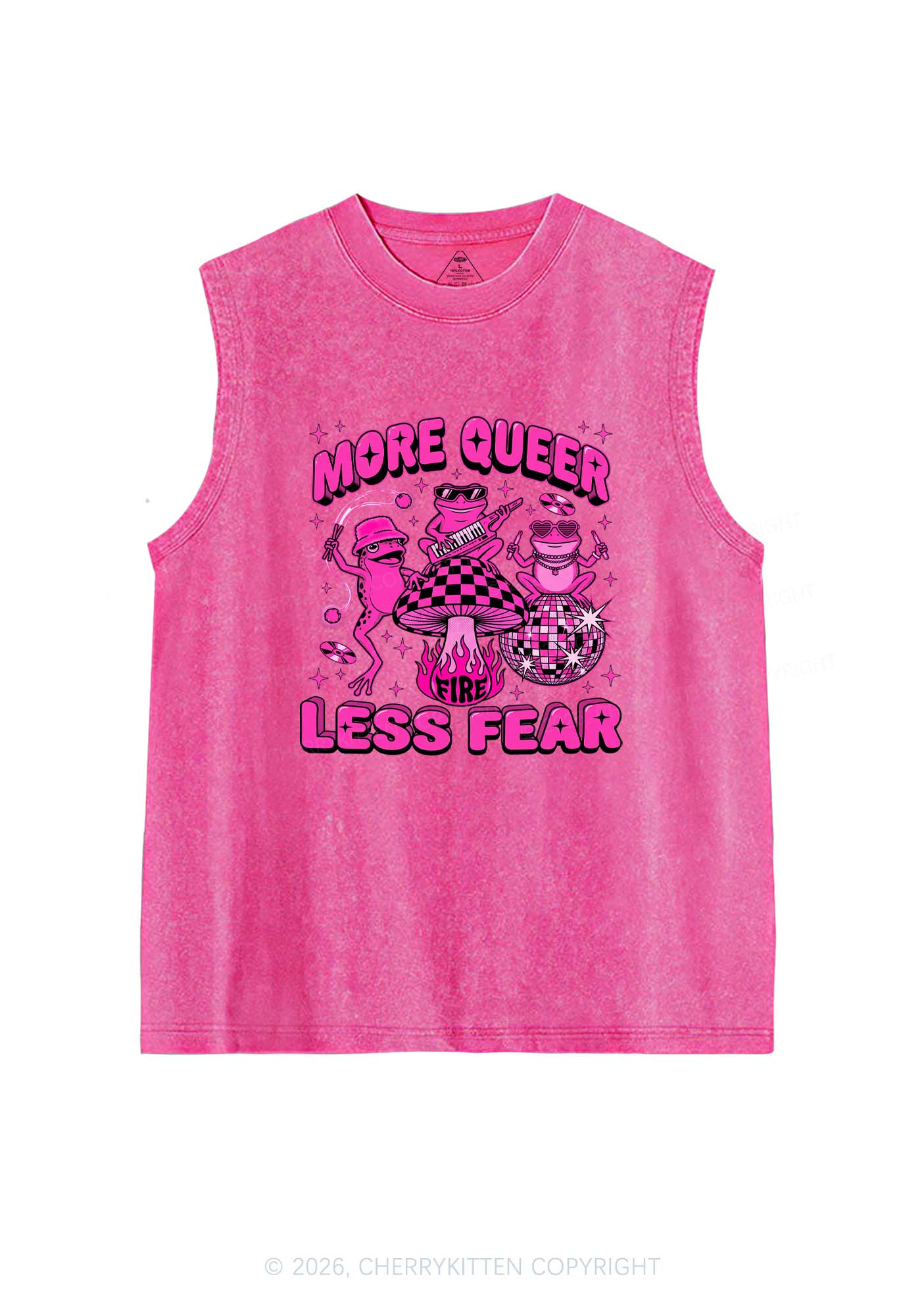 More Queer Less Fear Pride Y2K Washed Muscle Tank Cherrykitten