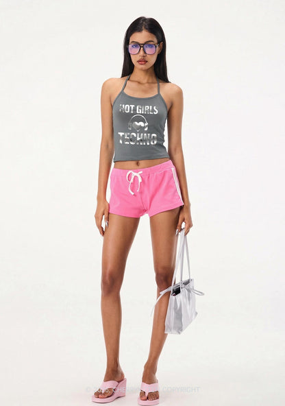 Hot Girls Love Techno Silver Foil Printed Y2K Halter Neck Cami Cherrykitten