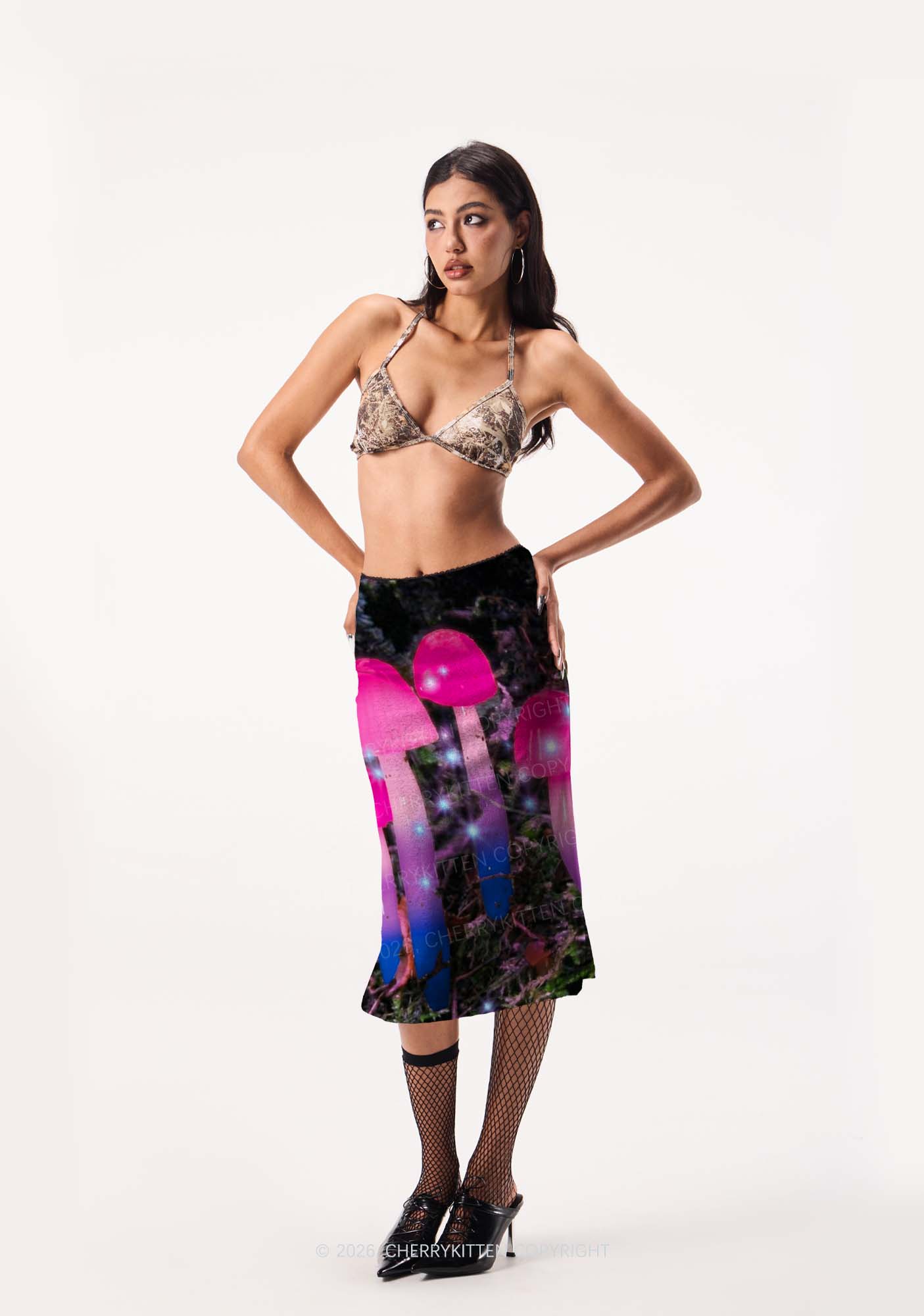 Bisexual Glowing Mushroom Pride Y2K Print Midi Skirt Cherrykitten