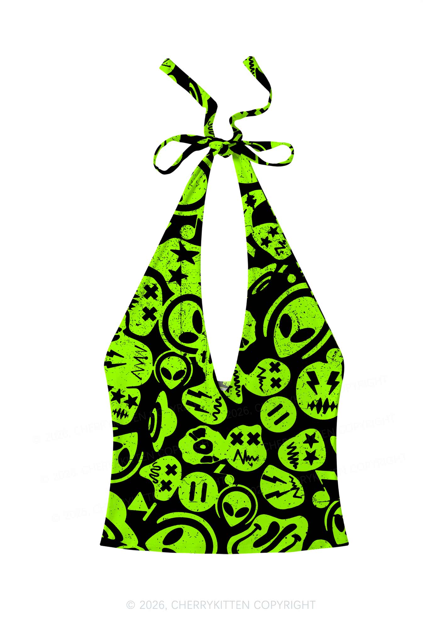 Green Alien Doodle Y2K Print Halter Deep V Neck Cami Cherrykitten